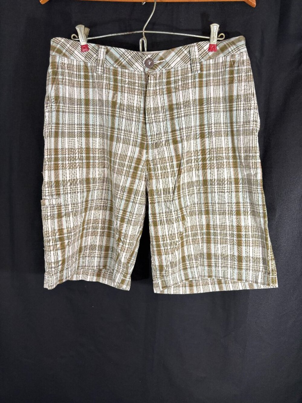 Dockers D4 Relaxed Fit Plaid Shorts Men's W32 Washed Khaki Cotton Flat Front